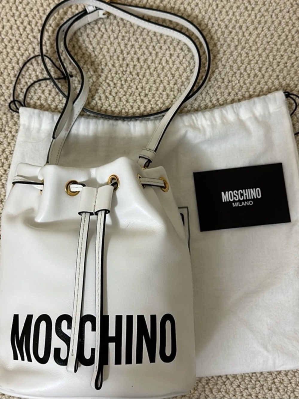 Moschino White Leather Drawstring Mini Bucket Bag with Black Logo